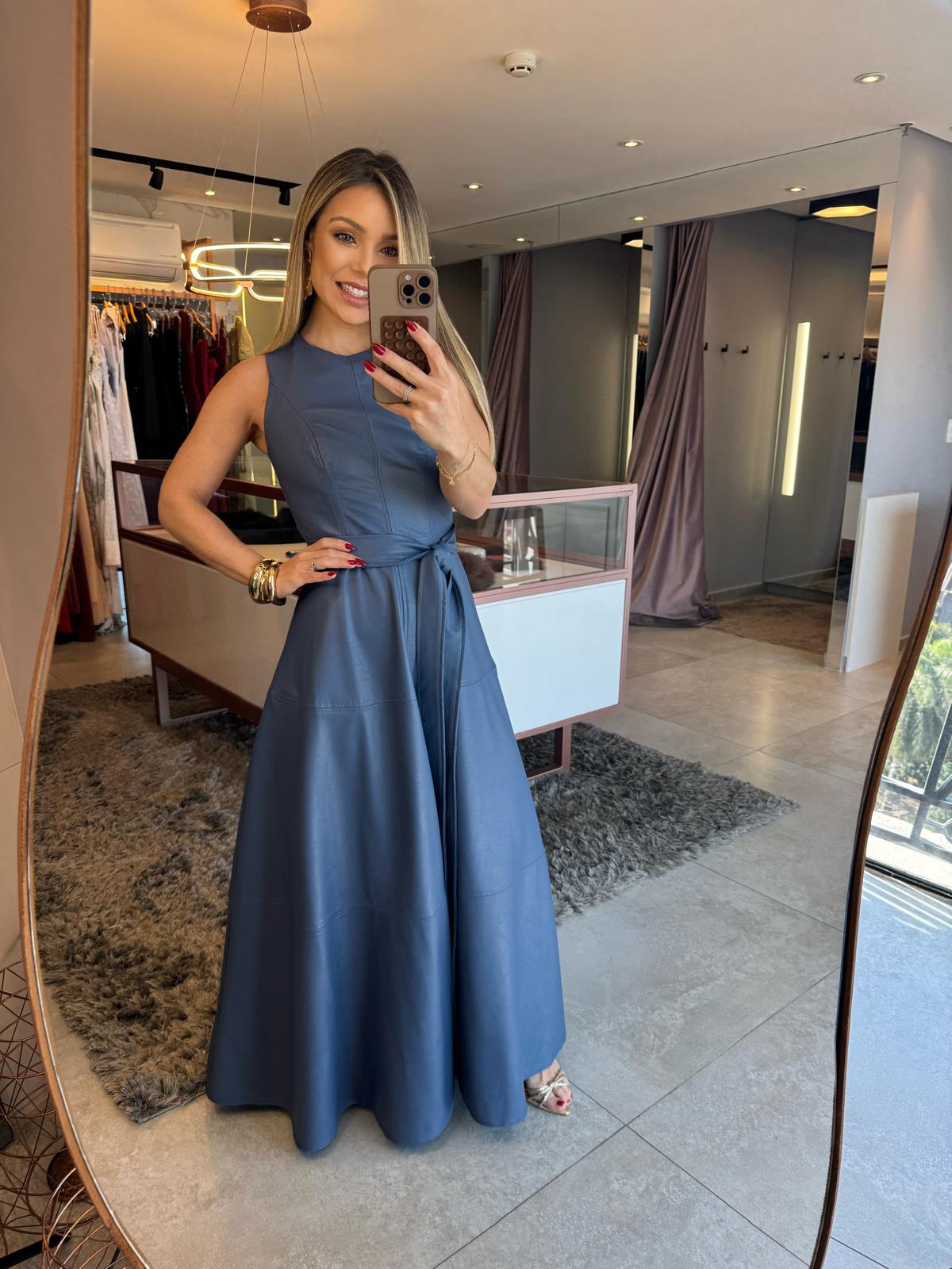 Vestido Longo em Efeito Couro - Azul Petróleo