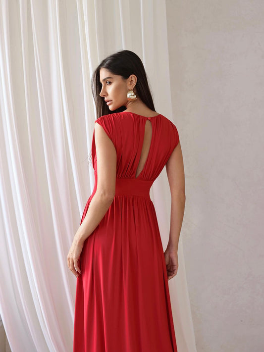 Vestido Longo Plissado com Fendas Laterais - Vermelho