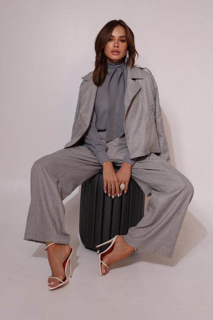 Calça Pantalona (Wide Leg) de Alfaiataria Confortável - Cor Cinza Mescla