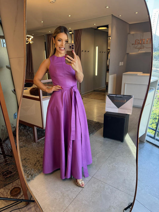 Vestido Longo em Efeito Couro- Lilás