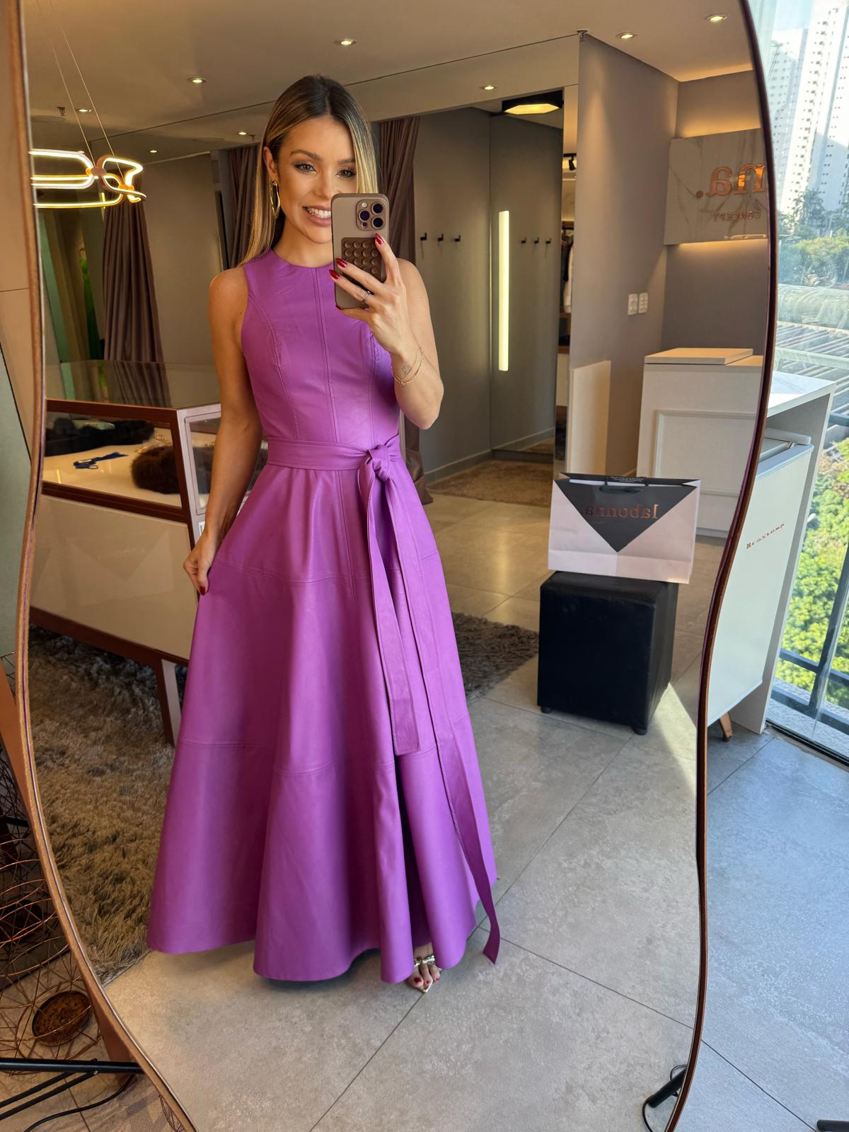 Vestido Longo em Efeito Couro- Lilás