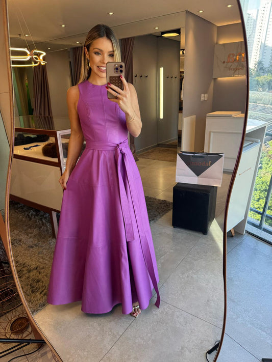 Vestido Longo em Efeito Couro- Lilás