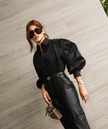 Camisa Oversized com Mangas Bufantes - Cor Preto Clássico