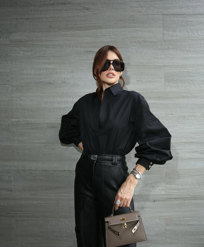 Camisa Oversized com Mangas Bufantes - Cor Preto Clássico