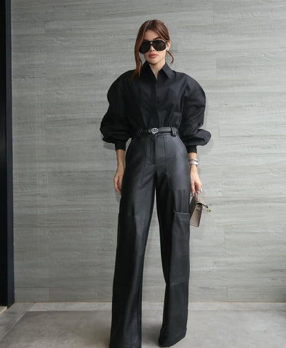 Camisa Oversized com Mangas Bufantes - Cor Preto Clássico