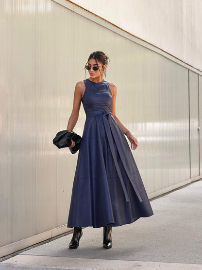 Vestido Longo em Efeito Couro- Azul Marinho/Chumbo