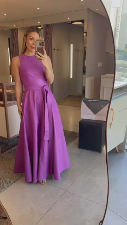 Vestido Longo em Efeito Couro- Lilás
